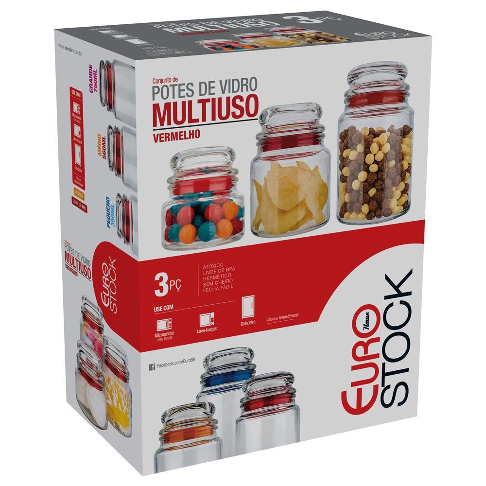 Conjunto de Potes Multiuso Euro Home Transparente/Vermelho em Vidro e PVC – 3 Peças - 6