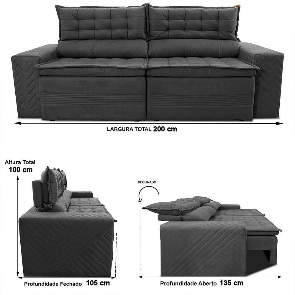 Sofá 3 Lugares Cama inBox Cielo com Assento Retrátil, Encosto Reclinável em Suede Velusoft e 200cm de Largura - 6