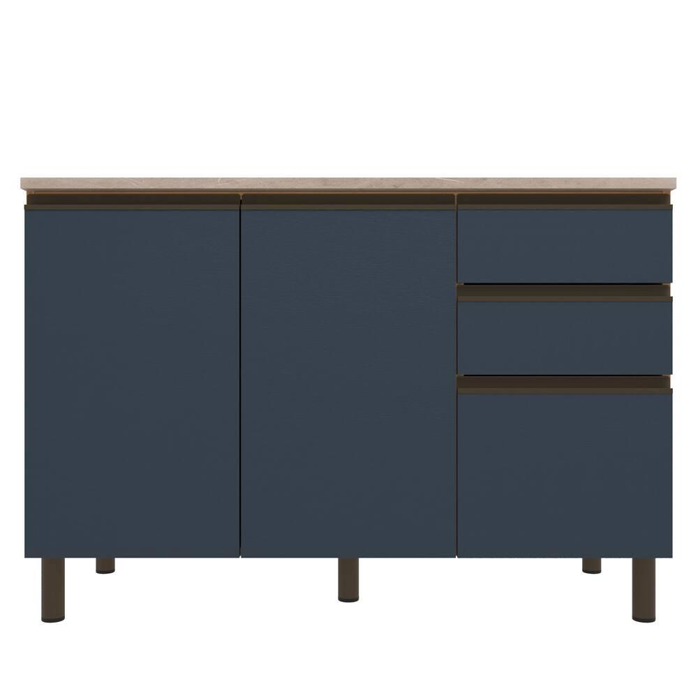 Balcão Bartira Cristal em MDP com 2 Portas e 3 Gavetas, 120,1cm de largura - Lâmina de Mel/Azul Royal - 2