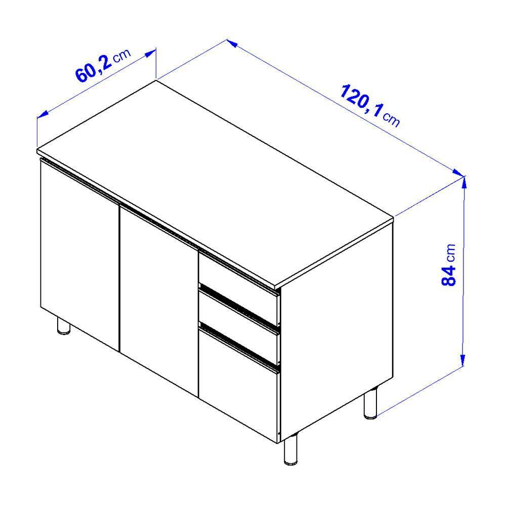 Balcão Bartira Cristal em MDP com 2 Portas e 3 Gavetas, 120,1cm de largura - Lâmina de Mel/Azul Royal - 4