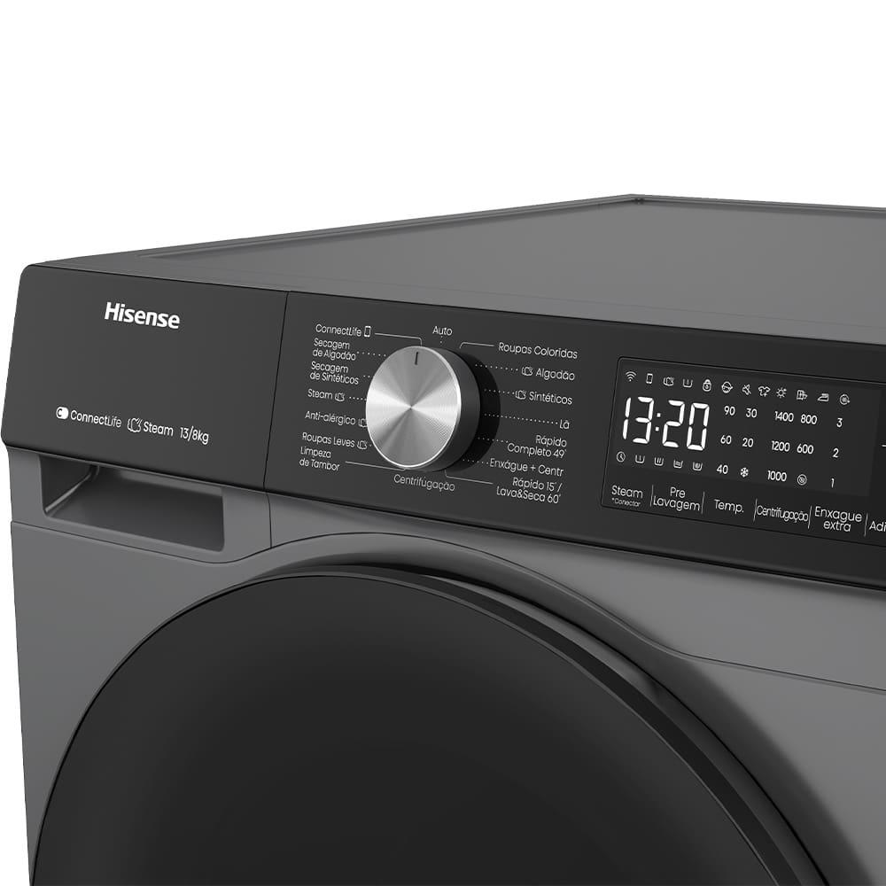 Lava e Seca Hisense Steam WD3S13 Inverter com Wi-Fi, 13 Programas de Lavagem e 3 de Secagem Titanium - 13kg/8kg - 6