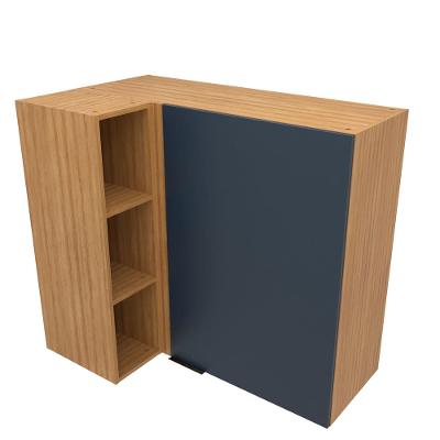 Armário Aéreo de Canto Bartira Cristal com 1 Porta, 2 Prateleiras, 2 Nichos e 101,8cm de largura - Lâmina Mel/Azul Royal