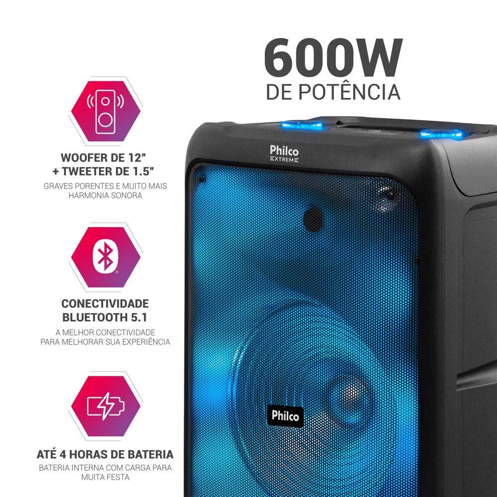 Caixa de Som Philco PCX5200 com Bluetooth, Radio FM, 4.400 mAh, Display Digital e Iluminação LED - 600W - 7