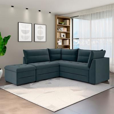 Sofá Modular de Canto 4 Lugares Luizzi Quebec com Pufe e Revestimento em Suede – 408cm de Largura