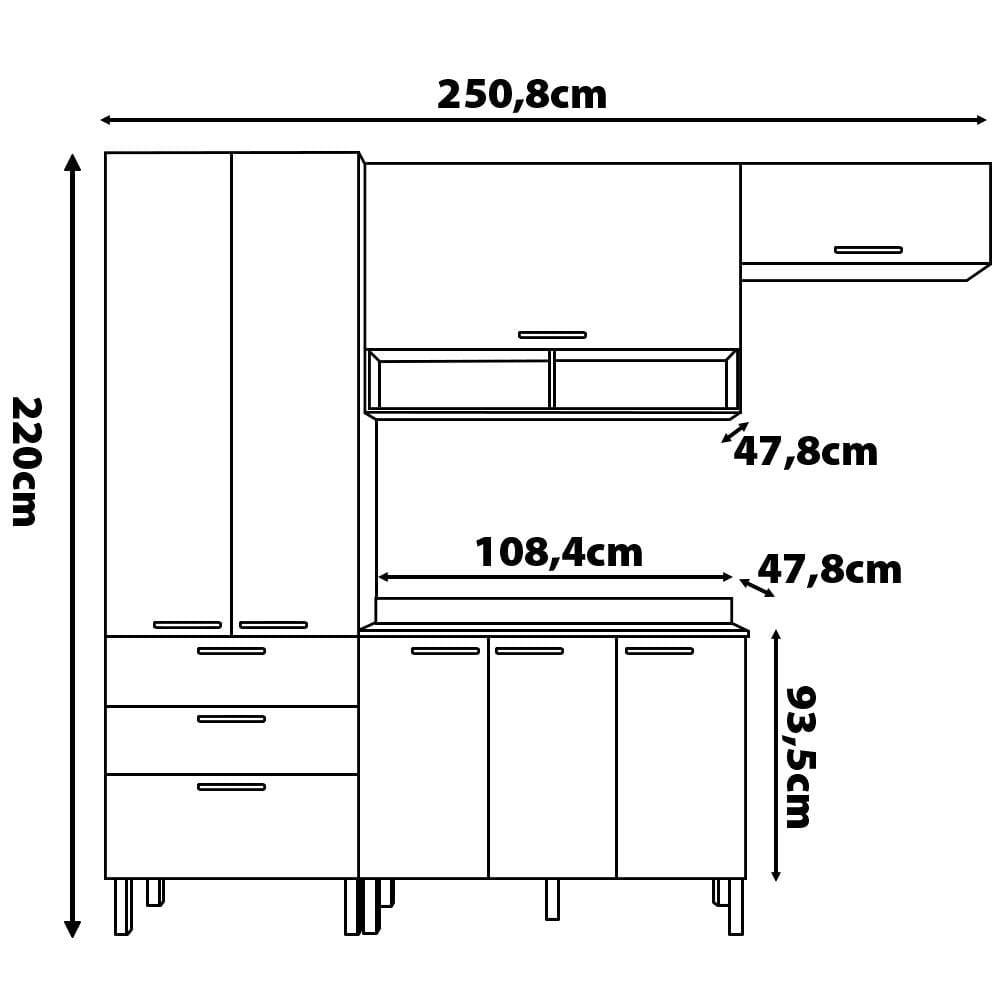 Cozinha Compacta Bartira Veneza com 7 Portas, 3 Gavetas e 5 Prateleiras - 250,8cm de largura - 4