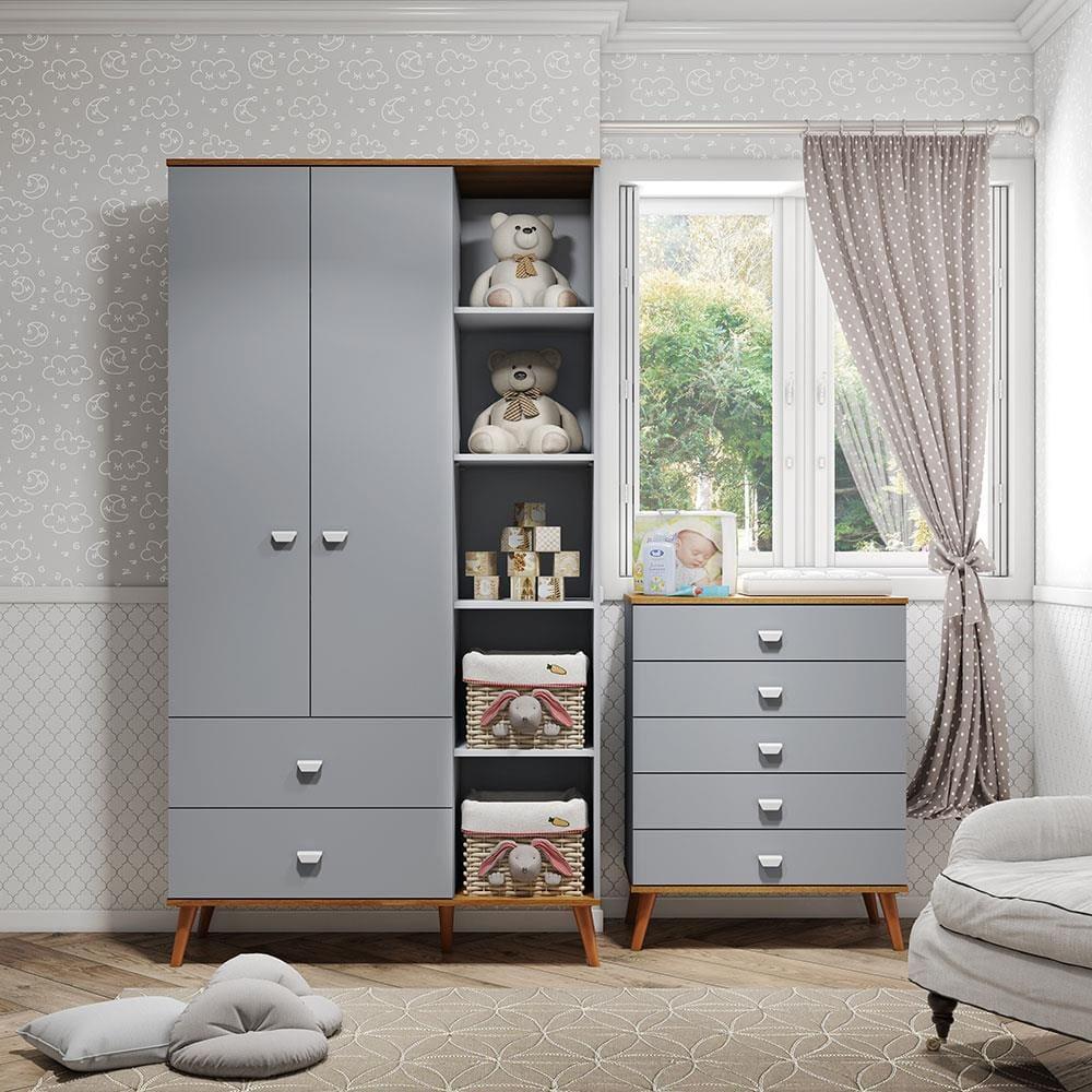 Guarda-Roupa Bartira Ternura com 5 Nichos, 2 Portas, 2 Gavetas + Cômoda Bartira Ternura com 5 Gavetas - 1