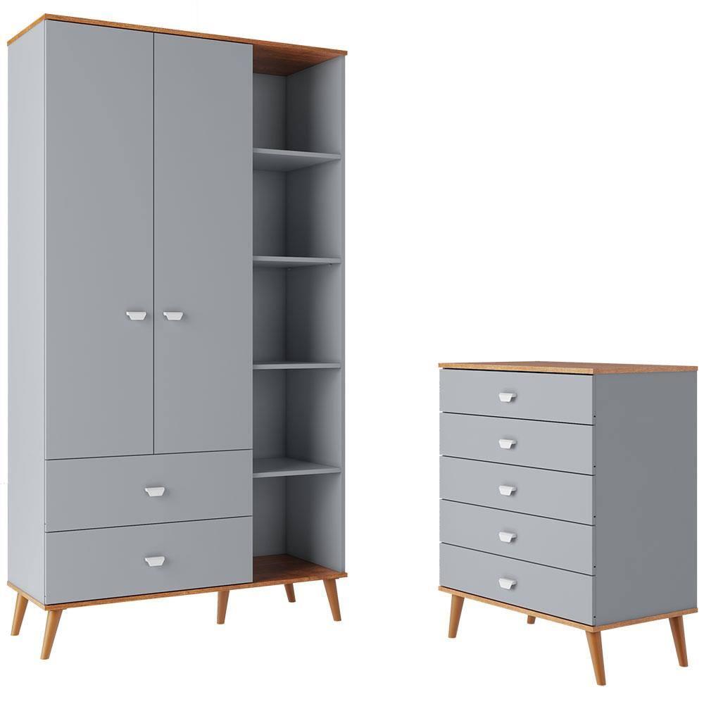 Guarda-Roupa Bartira Ternura com 5 Nichos, 2 Portas, 2 Gavetas + Cômoda Bartira Ternura com 5 Gavetas - 2