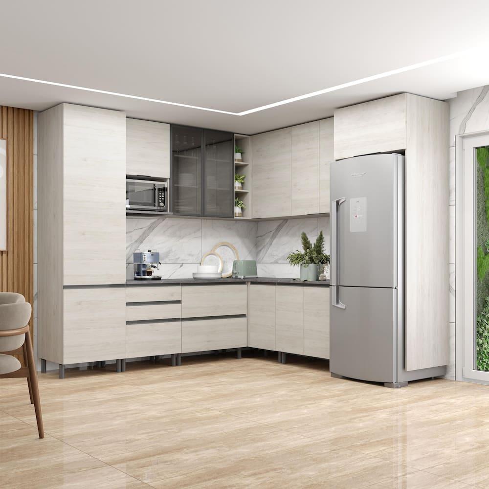 Cozinha Bartira Cristal com 14 Portas, 3 Gavetas, 13 Prateleiras e Nicho para Micro-ondas - 301,8cm de Largura - 1