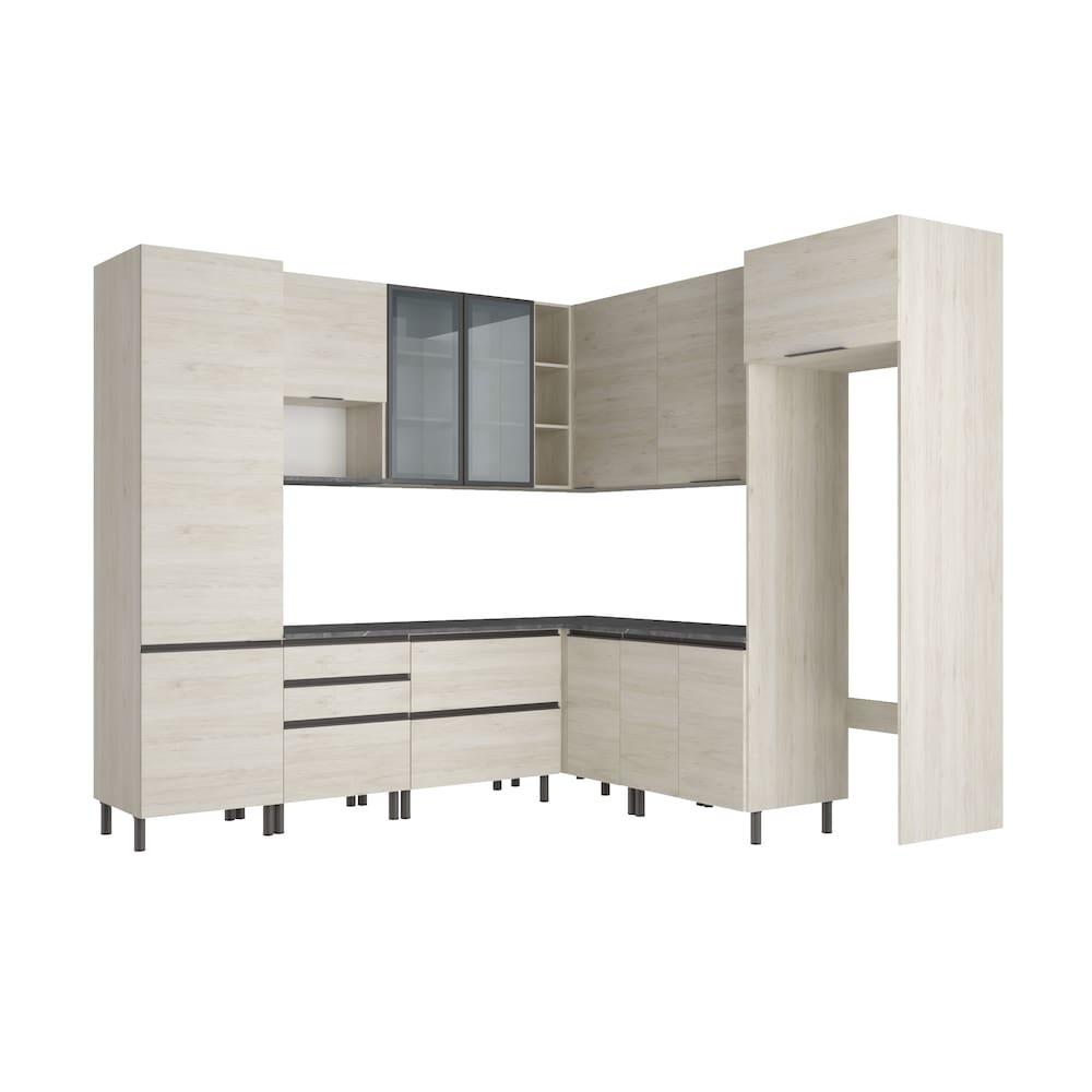 Cozinha Bartira Cristal com 14 Portas, 3 Gavetas, 13 Prateleiras e Nicho para Micro-ondas - 301,8cm de Largura - 2