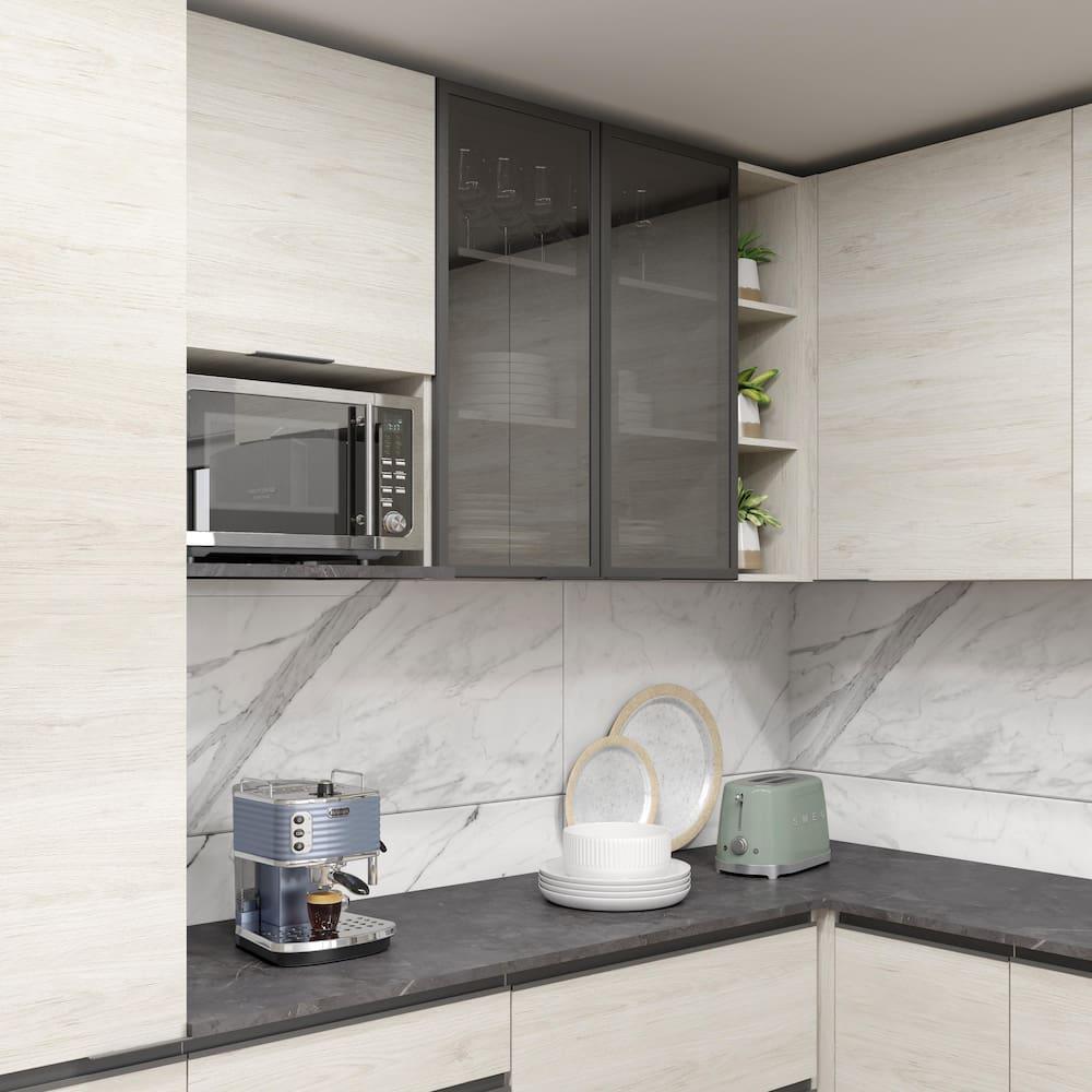 Cozinha Bartira Cristal com 14 Portas, 3 Gavetas, 13 Prateleiras e Nicho para Micro-ondas - 301,8cm de Largura - 4