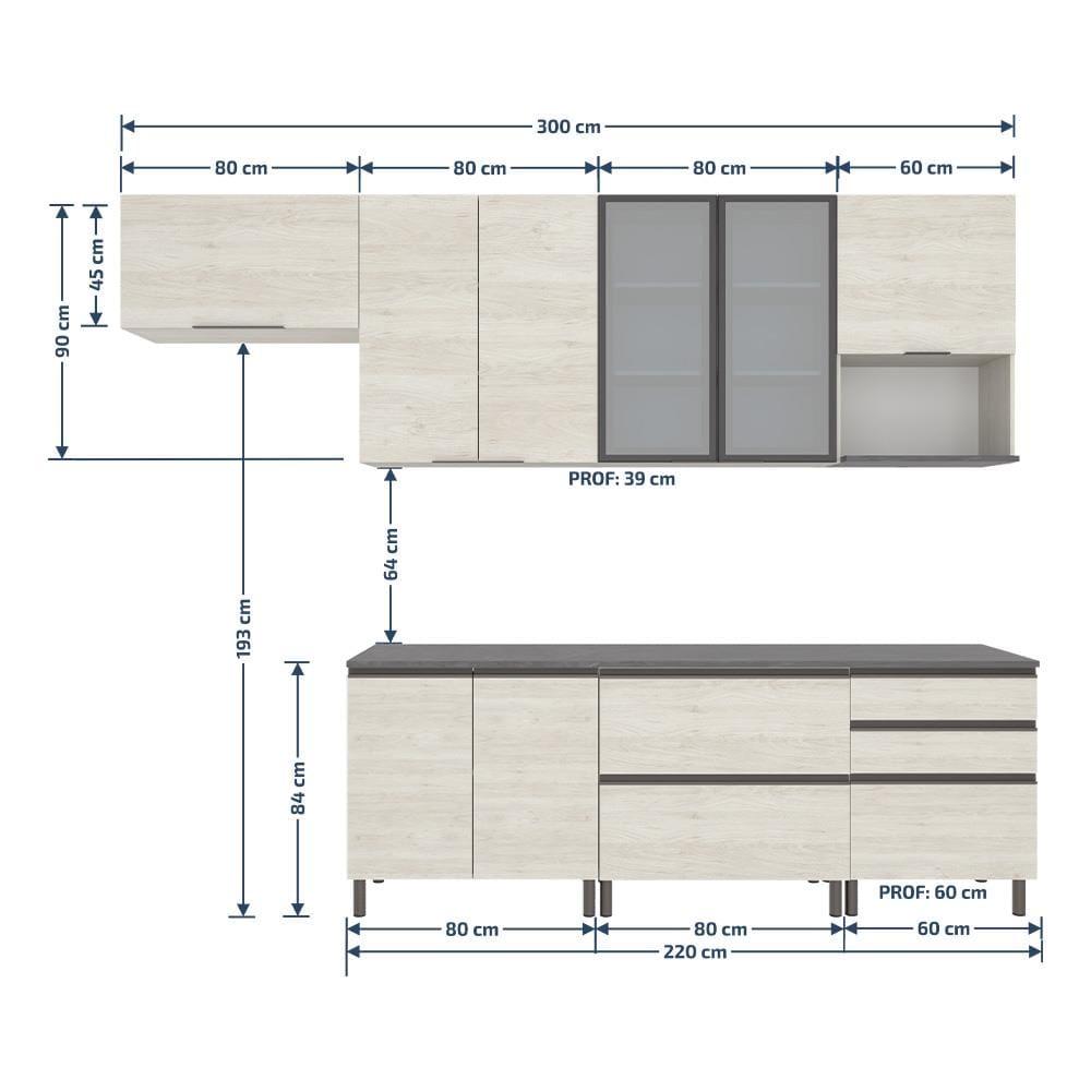 Cozinha Completa Bartira Cristal com 10 Portas, 5 Gavetas, 9 Prateleiras e Bancada Gourmet - 300cm de Largura - 9