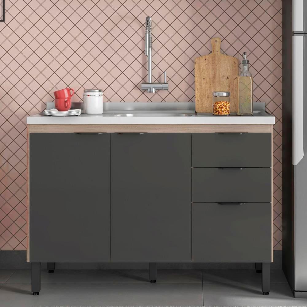 Balcão Demóbile Firenze com 3 Portas, 2 Gavetas e 1 Prateleira + Pia para Cozinha Ghelplus King com Válvula - 120x53cm - 1