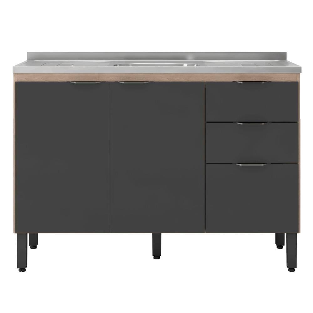 Balcão Demóbile Firenze com 3 Portas, 2 Gavetas e 1 Prateleira + Pia para Cozinha Ghelplus King com Válvula - 120x53cm - 2