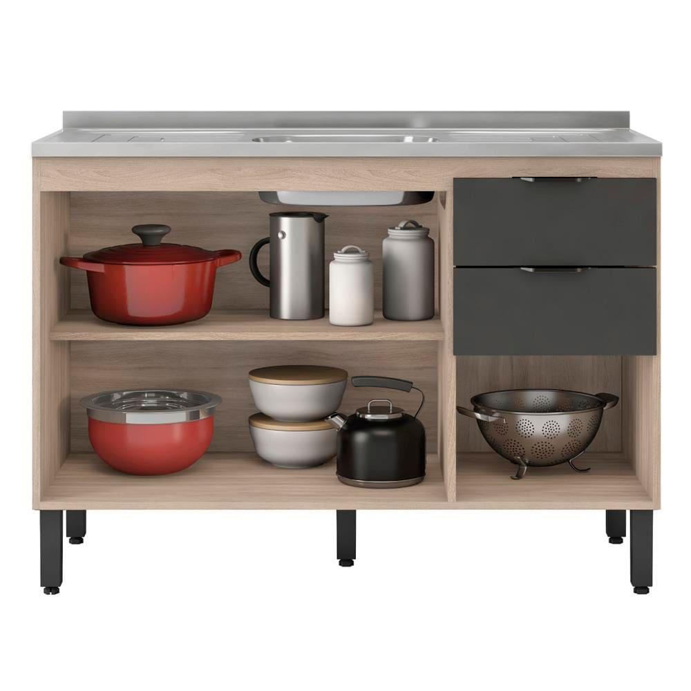 Balcão Demóbile Firenze com 3 Portas, 2 Gavetas e 1 Prateleira + Pia para Cozinha Ghelplus King com Válvula - 120x53cm - 3