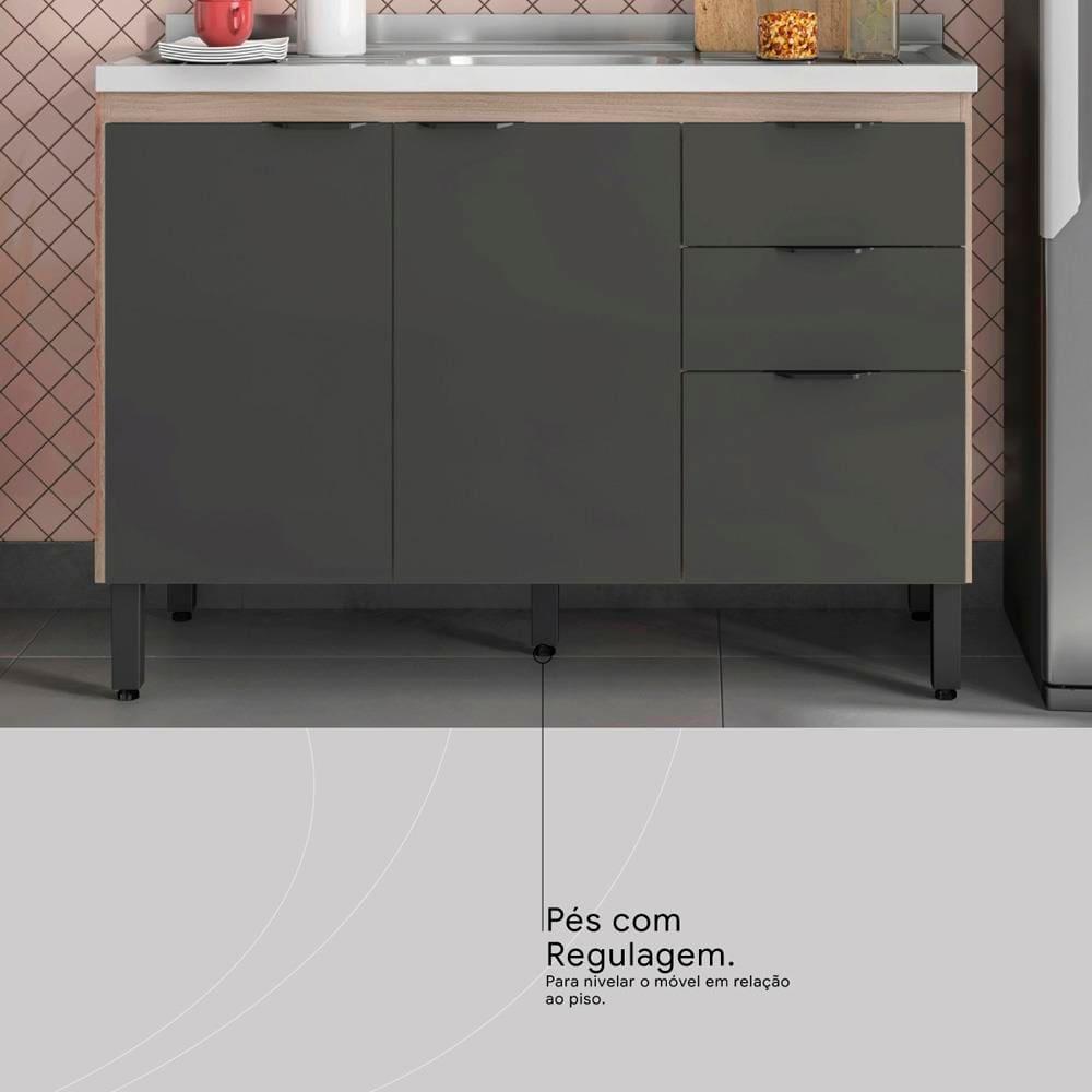 Balcão Demóbile Firenze com 3 Portas, 2 Gavetas e 1 Prateleira + Pia para Cozinha Ghelplus King com Válvula - 120x53cm - 4