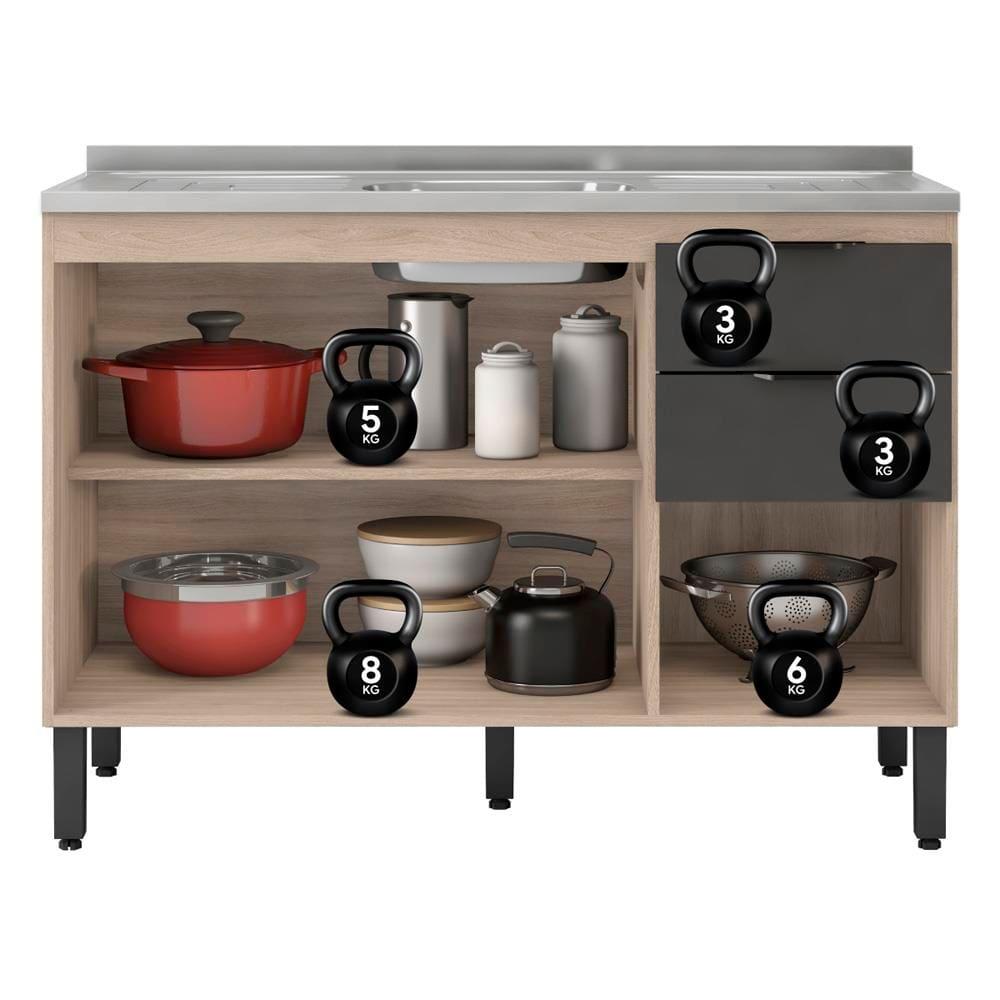 Balcão Demóbile Firenze com 3 Portas, 2 Gavetas e 1 Prateleira + Pia para Cozinha Ghelplus King com Válvula - 120x53cm - 7