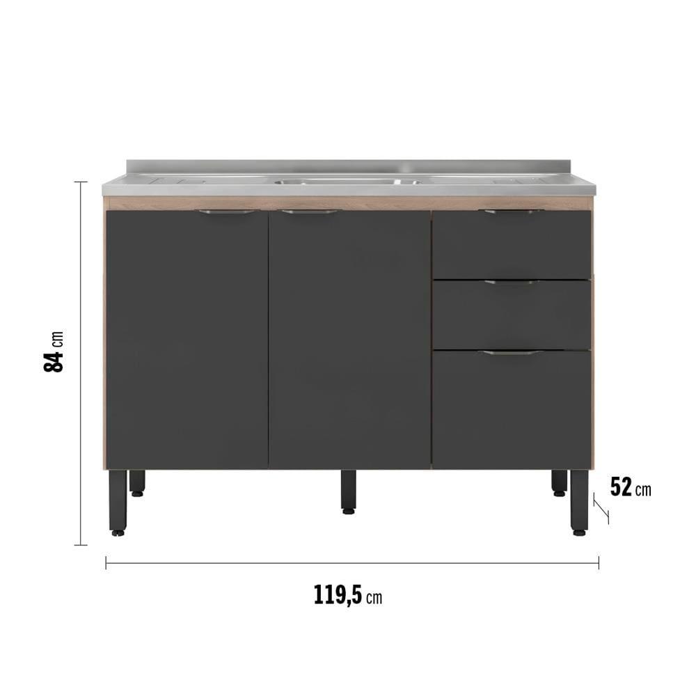 Balcão Demóbile Firenze com 3 Portas, 2 Gavetas e 1 Prateleira + Pia para Cozinha Ghelplus King com Válvula - 120x53cm - 8