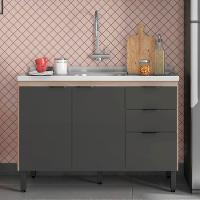 Balcão Demóbile Firenze com 3 Portas, 2 Gavetas e 1 Prateleira + Pia para Cozinha Ghelplus King com Válvula - 120x53cm - 1