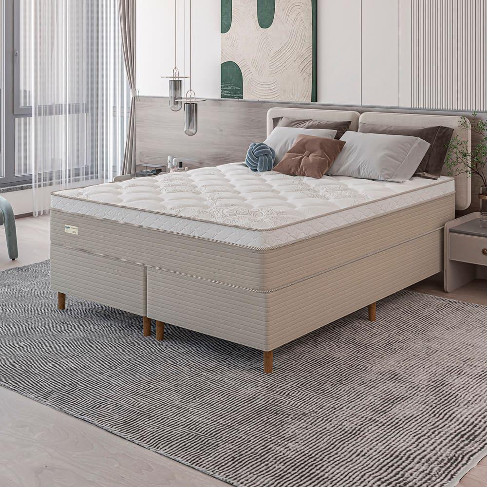 Cama Box Queen Size Umaflex Milão Bipartida com Revestimento em Malha + Colchão com Euro Pillow e Molas Ensacadas 30x158x198cm – Bege e Branca - 1