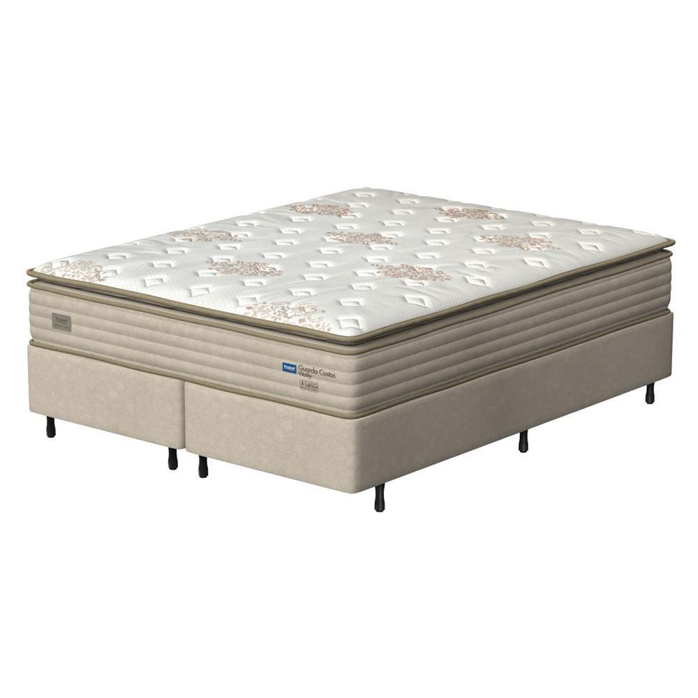 Cama Box Queen Size Probel Guarda Costas Vitality Revestida em Tecido Suede + Colchão com Pillow Super e Molas Ensacadas 30x158x188cm – Branca e Marfi - 1