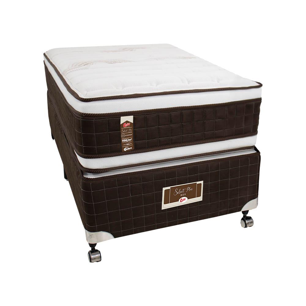 Cama Box Solteiro Castor Selle P Double com Revestimento em Tecido Suede + Colchão com Molejo Tecnopedic, Euro Pillow 34x88x188cm – Marrom e Bege - 1