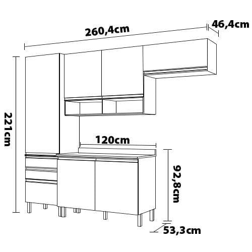 Cozinha Compacta Bartira Jaspe com 6 Portas, 3 Gavetas e 6 Prateleiras - 260,4cm de largura - 9
