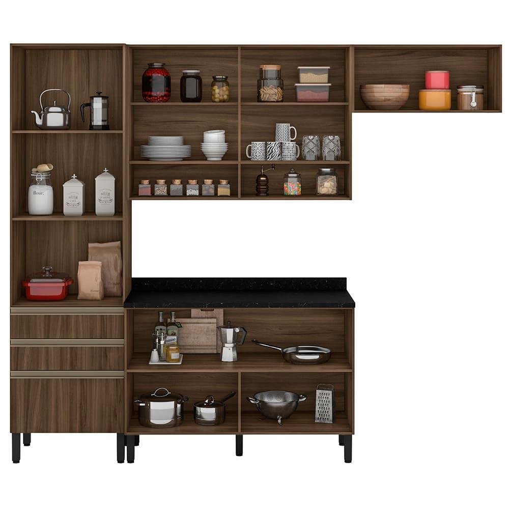 Cozinha Compacta Bartira Jaspe com 6 Portas, 3 Gavetas e 6 Prateleiras - 260,4cm de largura - 3