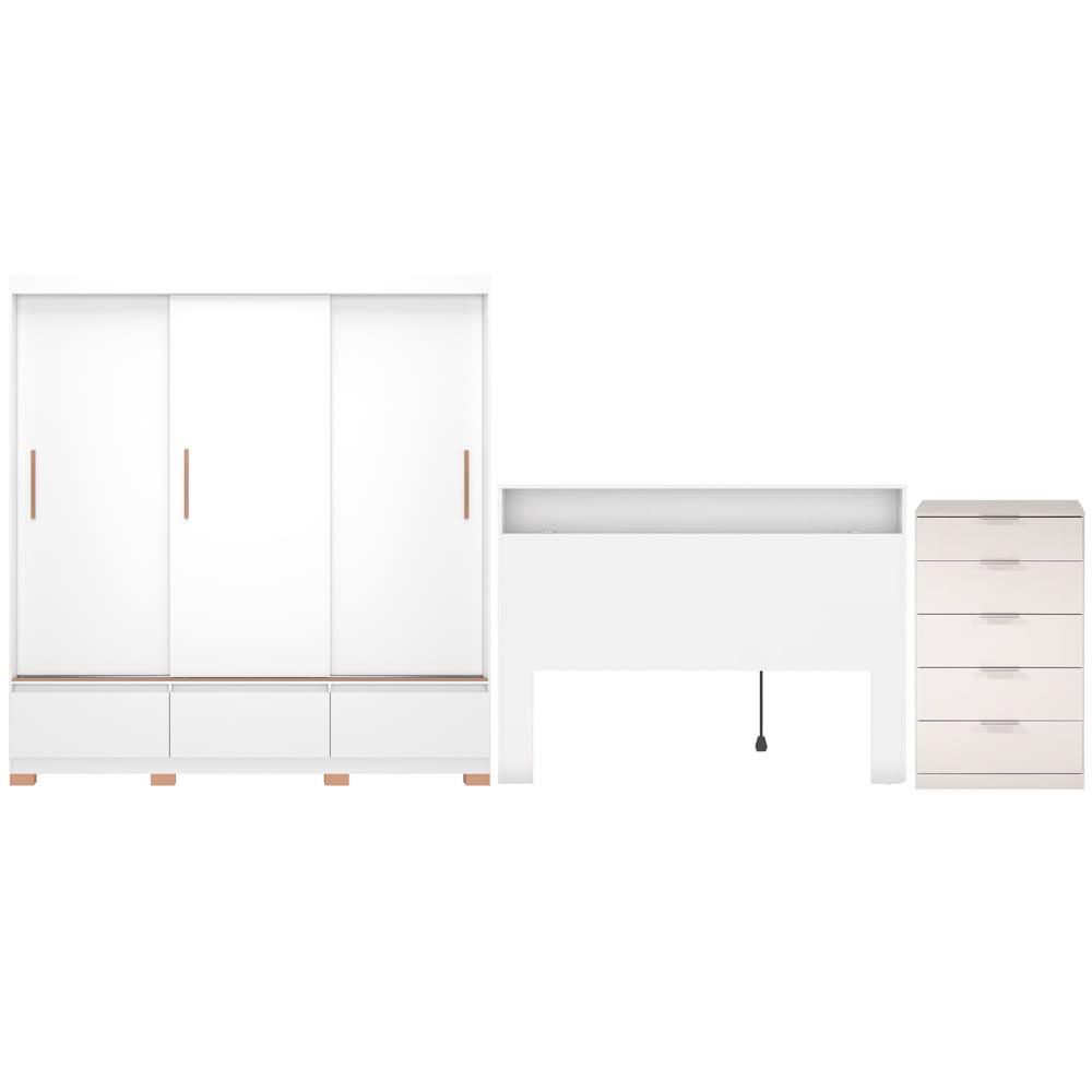 Guarda-Roupa Bartira Monza com 3 Portas de Correr e 3 Gavetas + Cômoda Versatti com 5 Gavetas + Cabeceira para Cama Box Casal Versatti com Tomada - 1