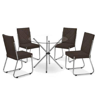 Mesa de Jantar Aço Nobre Leticia com Tampo de Vidro e 4 Cadeiras Liz com Assento Estofado Revestido em Suede