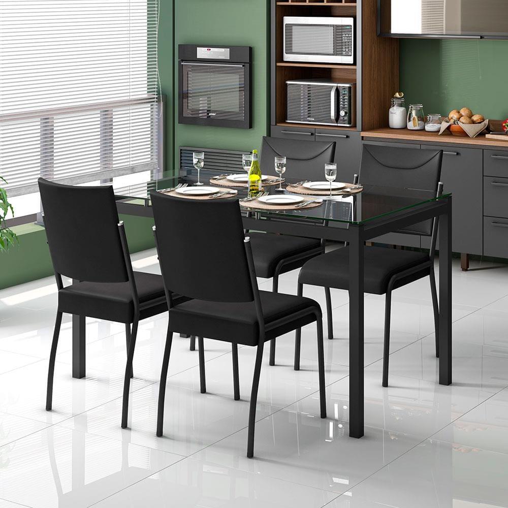 Mesa de Jantar Retangular Fabone Alexa com Tampo de Vidro de 140X80cm com 4 Cadeiras de Jantar Fabone Dora Revestimento em Courino - 1
