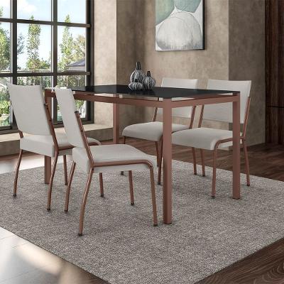 Mesa de Jantar Retangular Fabone Alexa com Tampo de Vidro de 140X80cm com 4 Cadeiras de Jantar Fabone Dora Revestimento em Courino