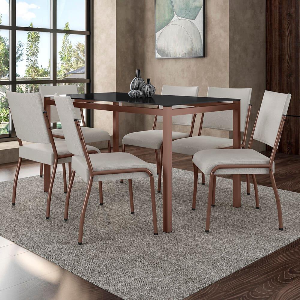 Mesa de Jantar Retangular Fabone Alexa Tampo de Vidro 140x80cm com 6 Cadeiras Dora Revestidas em Courino - 1