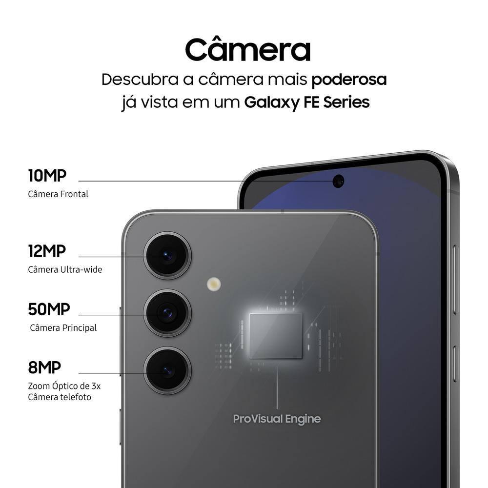 Smartphone Samsung Galaxy S24 FE Grafite, Processador Exynos 2400e, 256GB, 8GB RAM, Câmera Tripla 50MP com Inteligência Artificial e Tela 6.7’’ - 6