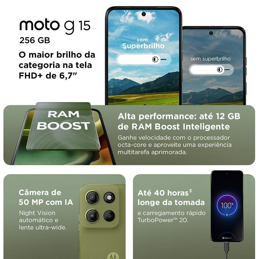 Celular Motorola Moto G15 Tela 6.7" 256GB 4G Câmera 50MP Grafite - 6