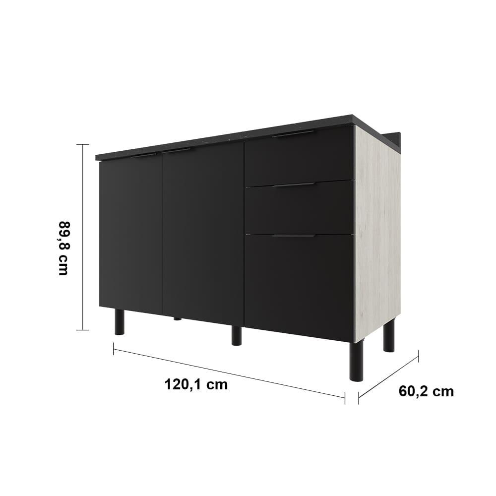 Balcão Triplo Bartira Rubi com 2 Portas, 2 Gavetas, 1 Gavetão, 1 Prateleira e 120cm de Largura - Freixo/Preto Poah - 6