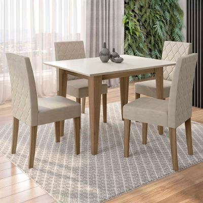 Mesa de Jantar Retangular Poliman Kate com 4 Cadeiras Estofadas Revestidas em Suede – Carvalho/Off White