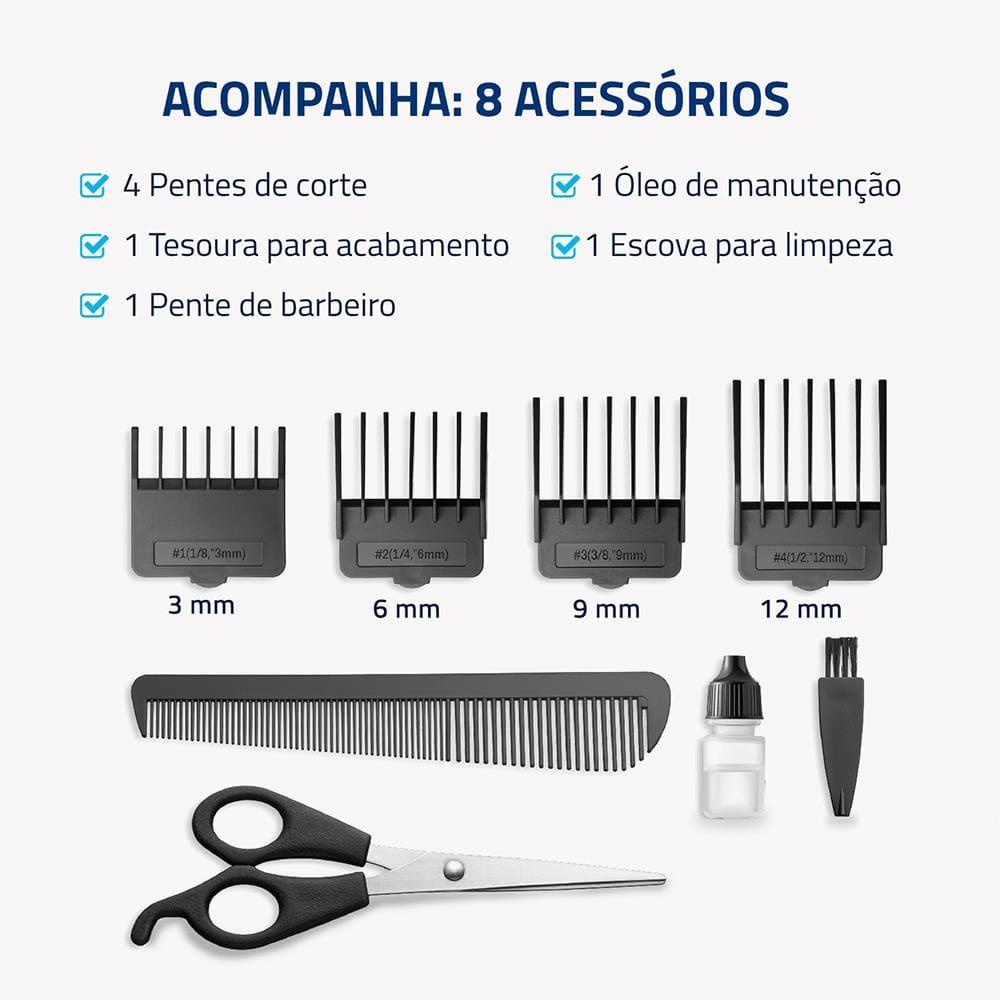 Máquina de Cortar Cabelo Mondial Pratic Style CR-10 com 8 Acessórios, Lâminas em Aço Inox, Bivolt - Azul - 4