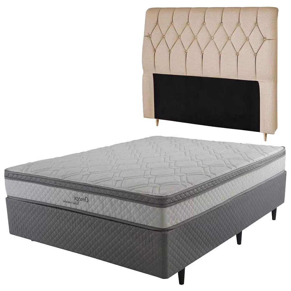 Cama Box Casal Herval Ômega com Pillow Top, Molas Ensacadas 22x138x188cm – Cinza/Branco + Cabeceira Dobue Palladium com 140cm de Largura - 1