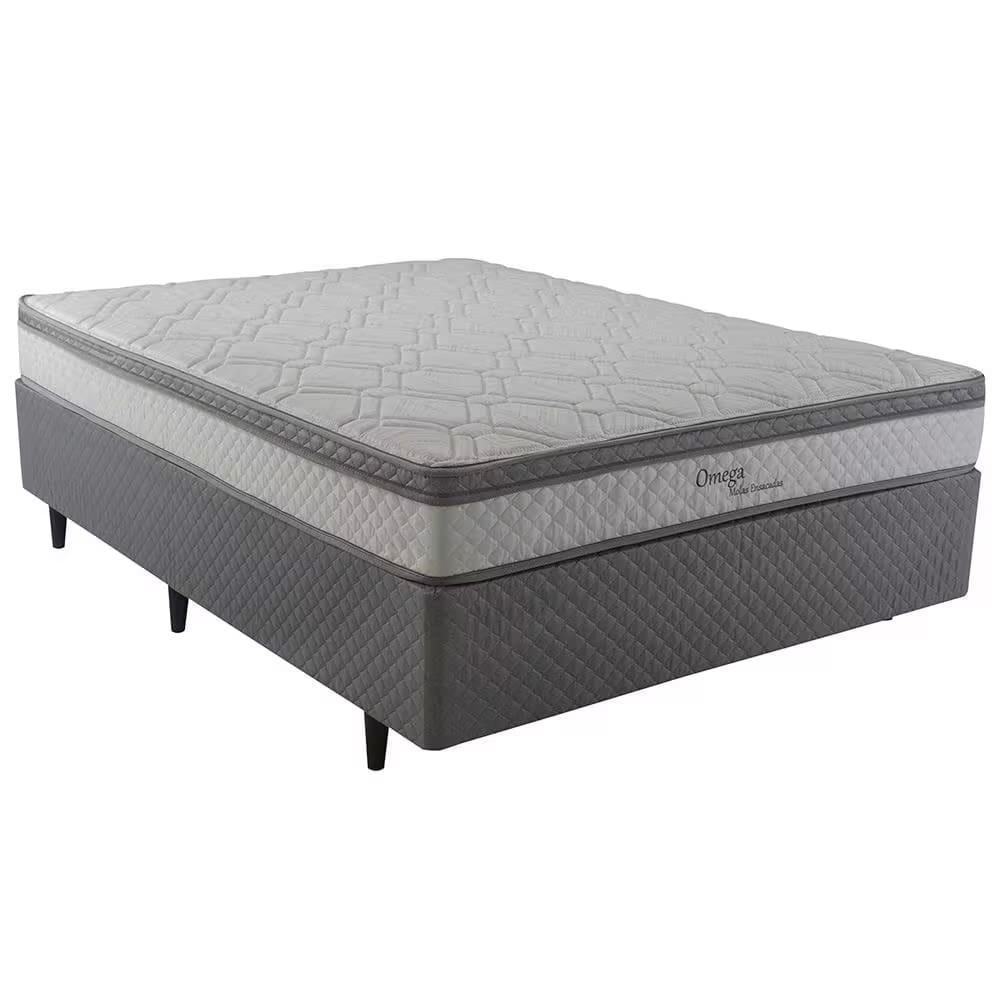 Cama Box Casal Herval Ômega com Pillow Top, Molas Ensacadas 22x138x188cm – Cinza/Branco + Cabeceira Dobue Palladium com 140cm de Largura - 2