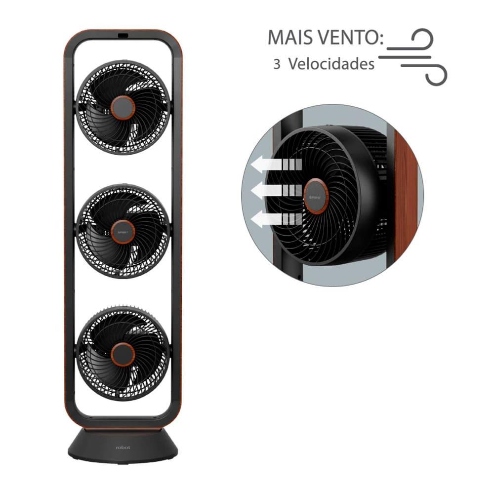 Ventilador de Torre Spirit Robot Triplo 130W com 3 Velocidades, Controle Remoto e Painel Digital com Display LED - Preto/Tabaco - 5