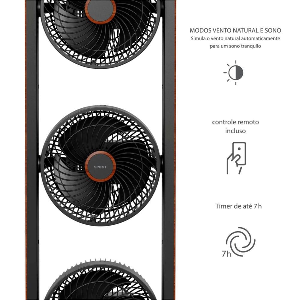 Ventilador de Torre Spirit Robot Triplo 130W com 3 Velocidades, Controle Remoto e Painel Digital com Display LED - Preto/Tabaco - 7