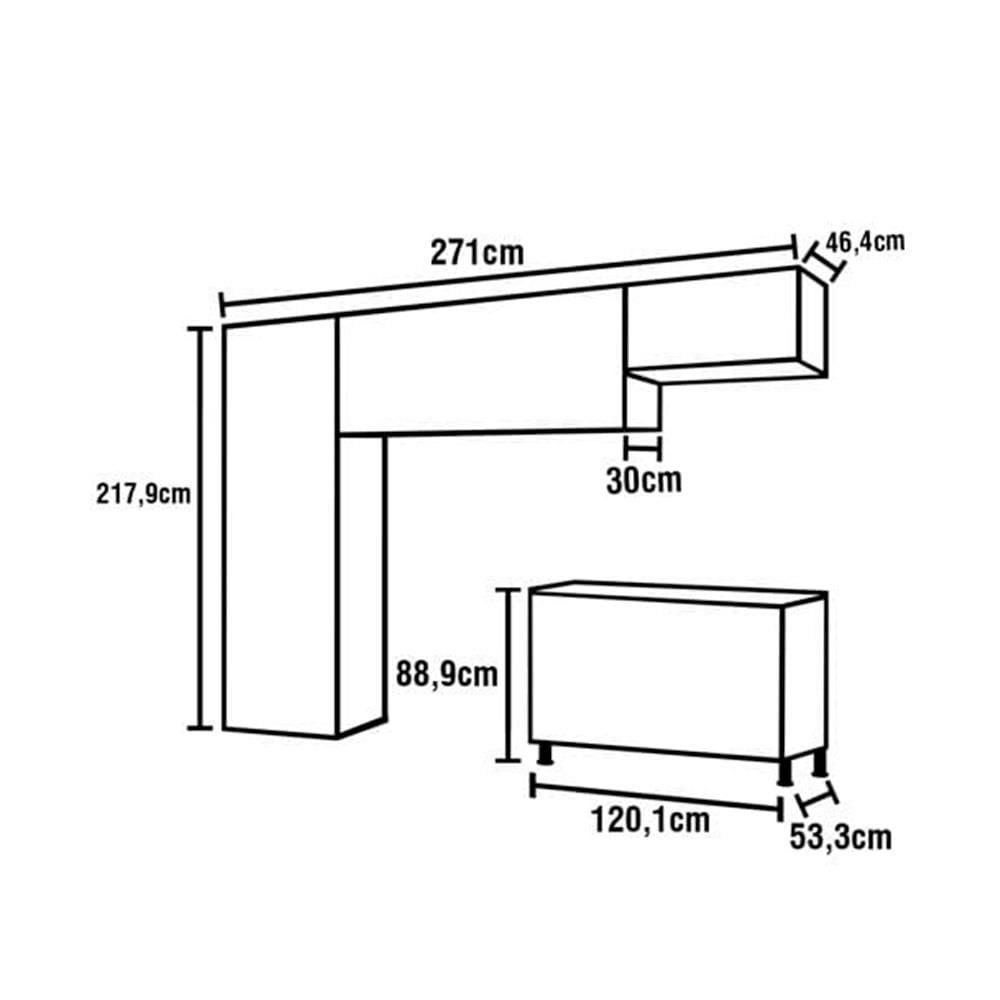 Cozinha Completa Bartira Amazonita com 8 Portas, 3 Gavetas e 6 Prateleiras - 271cm de largura + Fruteira Politorno Facility com 1 Gaveta e 2 Cestos - 5