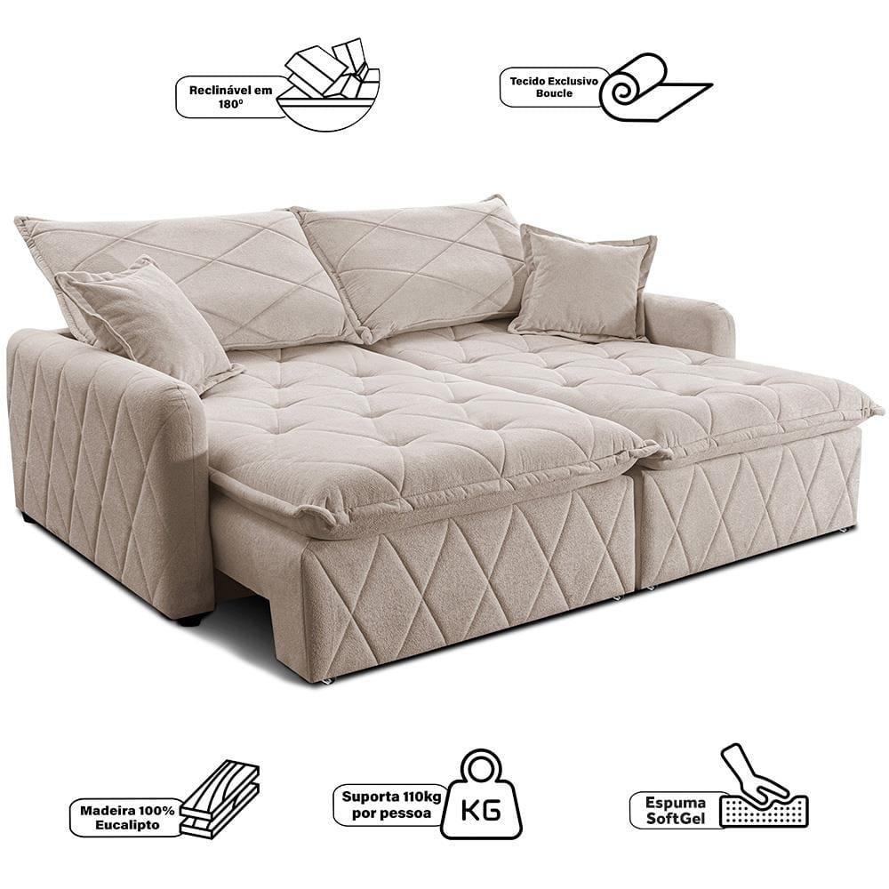 Sofá 3 lugares Cama inBox Sublime com Assento Retrátil e Encosto Reclinável em Boucle - 200cm de Largura - 5