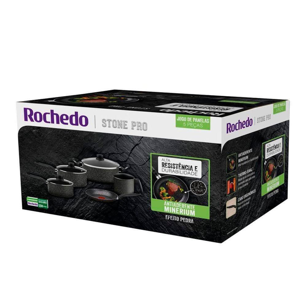 Jogo de Panelas Rochedo Stone Pro 5 Peças Revestimento Antiaderente Minerium Tampas de Vidro Preto e Cinza - 7