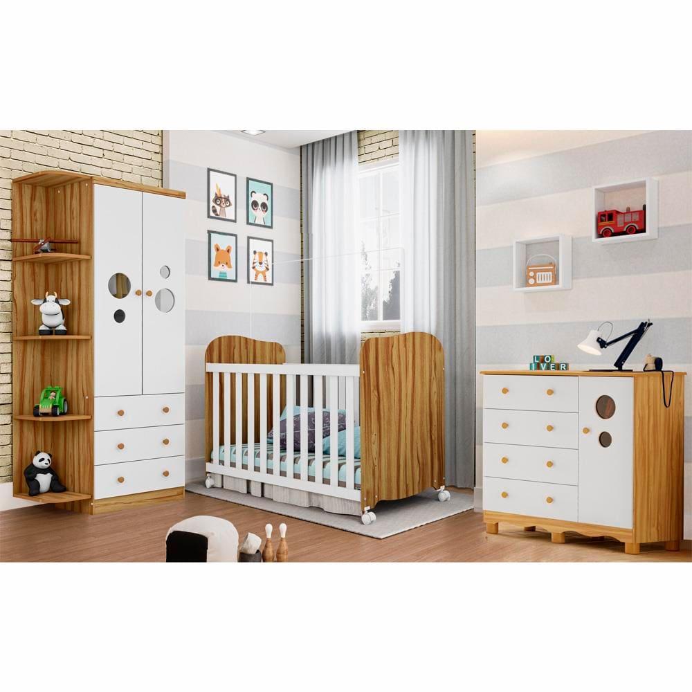Guarda-Roupa Infantil Peroba Duda Plus, 86 cm de Largura + Cômoda com 1 Porta, 4 Gavetas, 1 Prateleira, 95,3 cm de Largura + Berço Americano - 1
