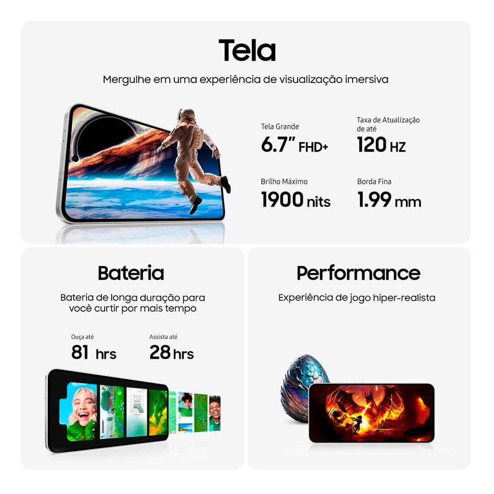 Smartphone Samsung Galaxy S24 FE 5G Cinza 128GB, 8GB RAM, Galaxy AI, Câmera Traseira 50MP, Tela 6.7" 60-120Hz, IP68 e Processador Exynos 2400e - 7