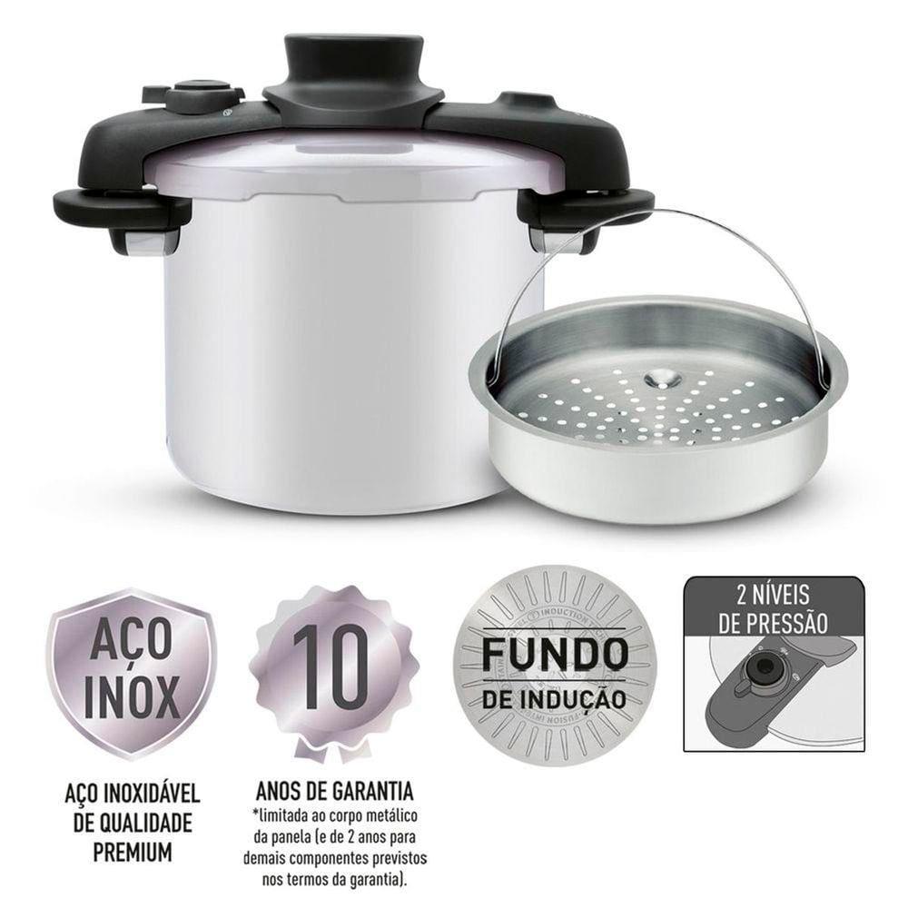 Panela de Pressão T-FAL Opti’Space em Inox com Cesto Vapor - 7 L - 8