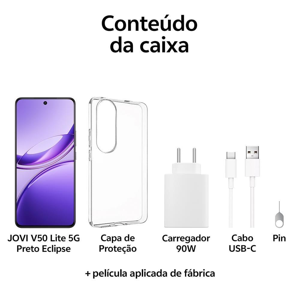 Smartphone JOVI V50 Lite 5G Preto Eclipse 256GB, 8GB RAM, Dimensity 6300, Tela AMOLED 6.77" 120Hz, Câmera Traseira 50MP, Android 15 e IP65 - 9