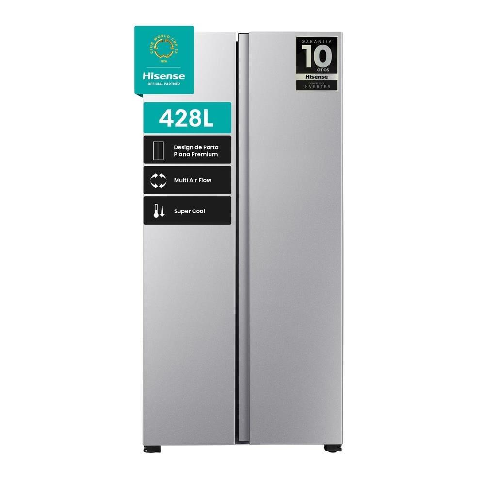 Geladeira 428L Hisense RS3P428 Side by Side Inverter Frost Free Portas Planas Puxador Embutido Cinza - 1