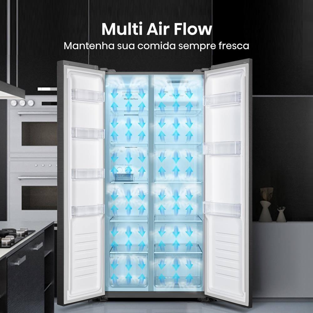 Geladeira 428L Hisense RS3P428 Side by Side Inverter Frost Free Portas Planas Puxador Embutido Cinza - 8
